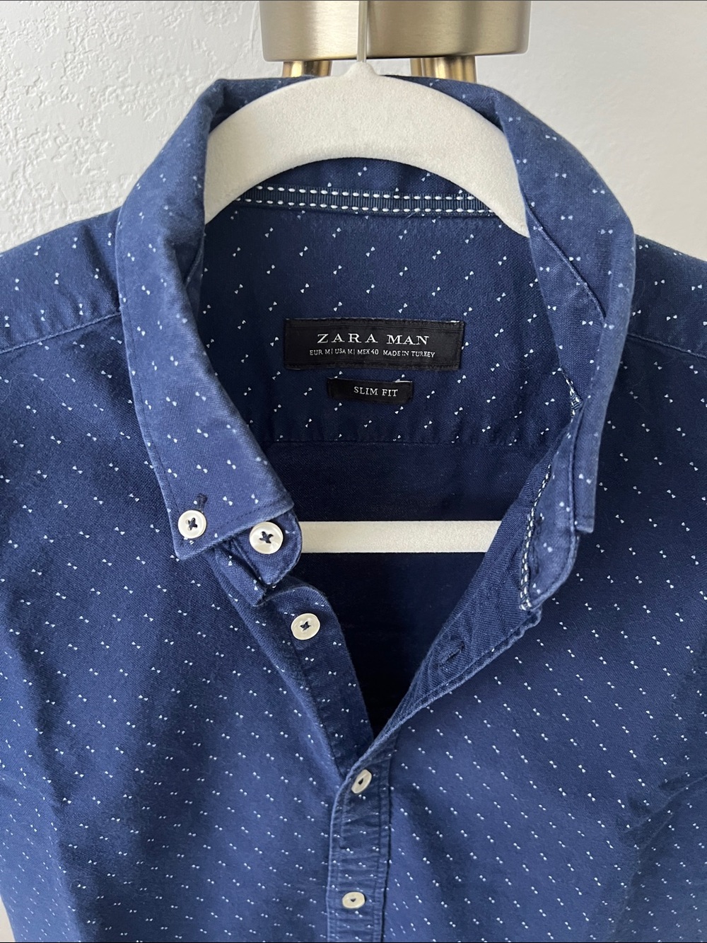 Zara Navy Short Sleeve Button-Down with Micro Dot Print - Picture 3 of 10